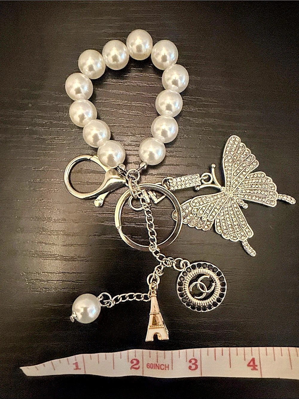 Inspired Pearl & Butterfly Keychain Silver & White